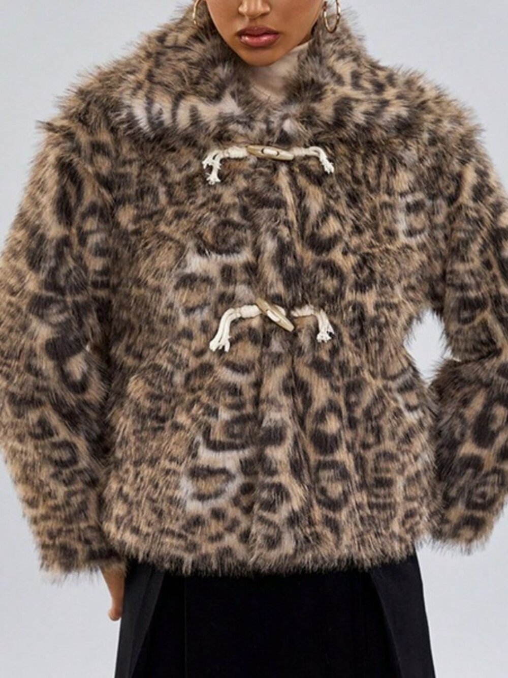 Brown Women's Loose Random Print Stand Collar Toggle Cropped Jacket
